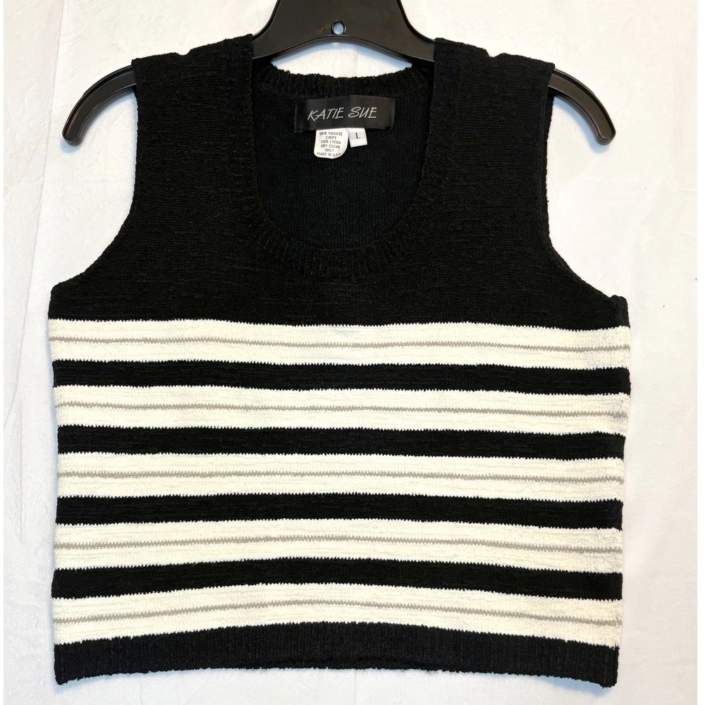 Katie Sue Sweater Vest Women L Black White Tan Striped Crepe Knit Vintage 90s